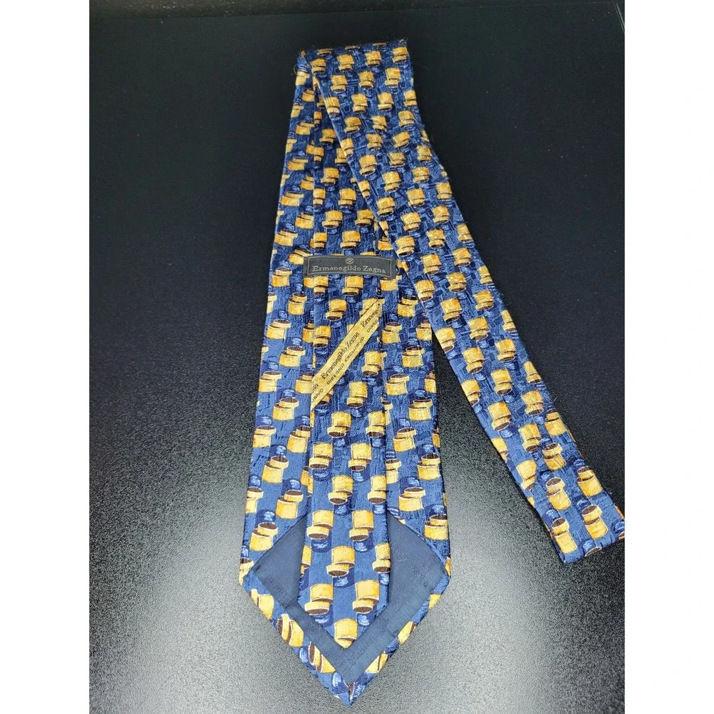 Ermenegildo Zegna Men's Necktie Blue Gold Top Hat Silk 3.75 x 58 Good